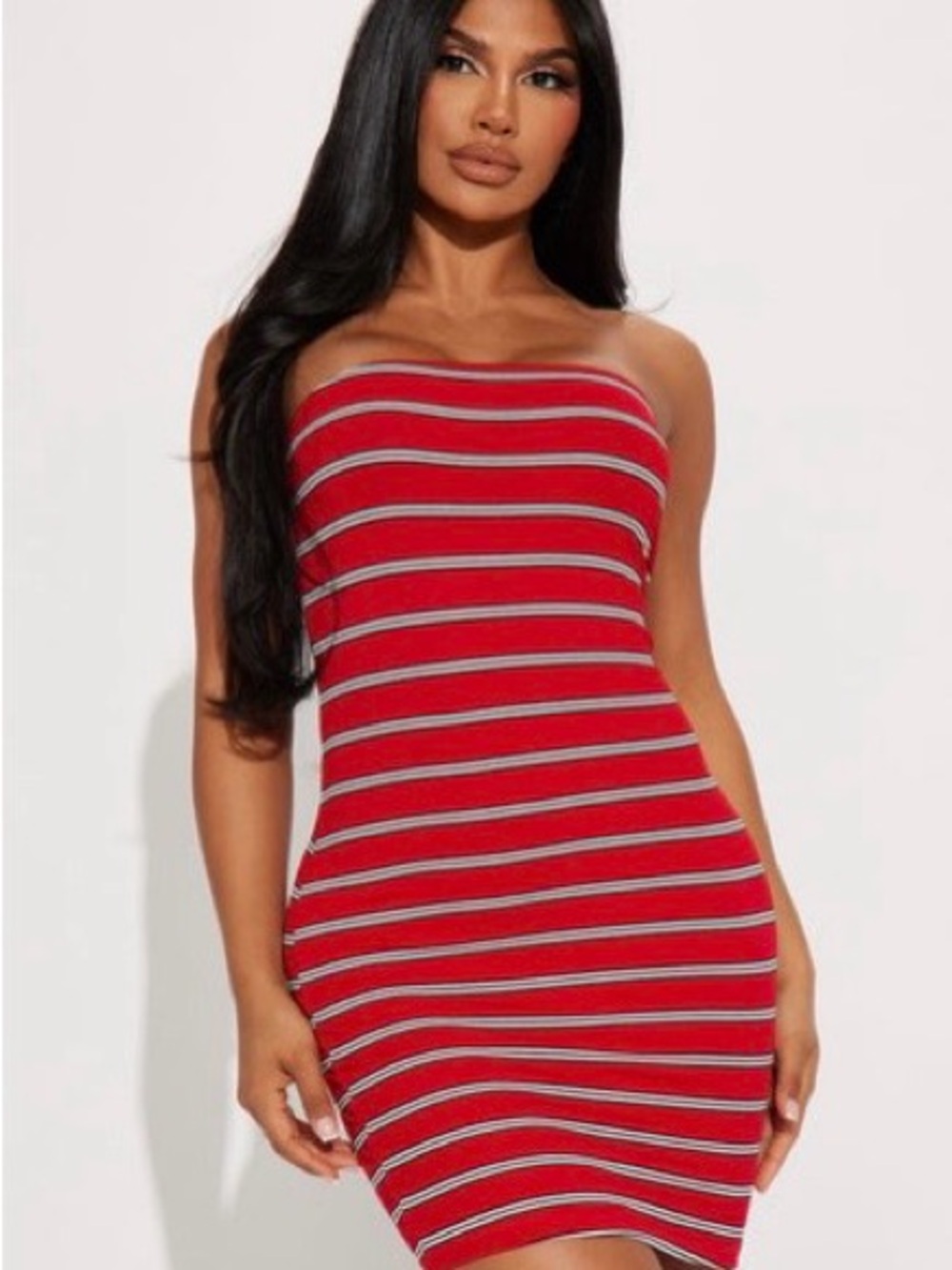 Fashion Nova Red Striped Strapless Bodycon Dress